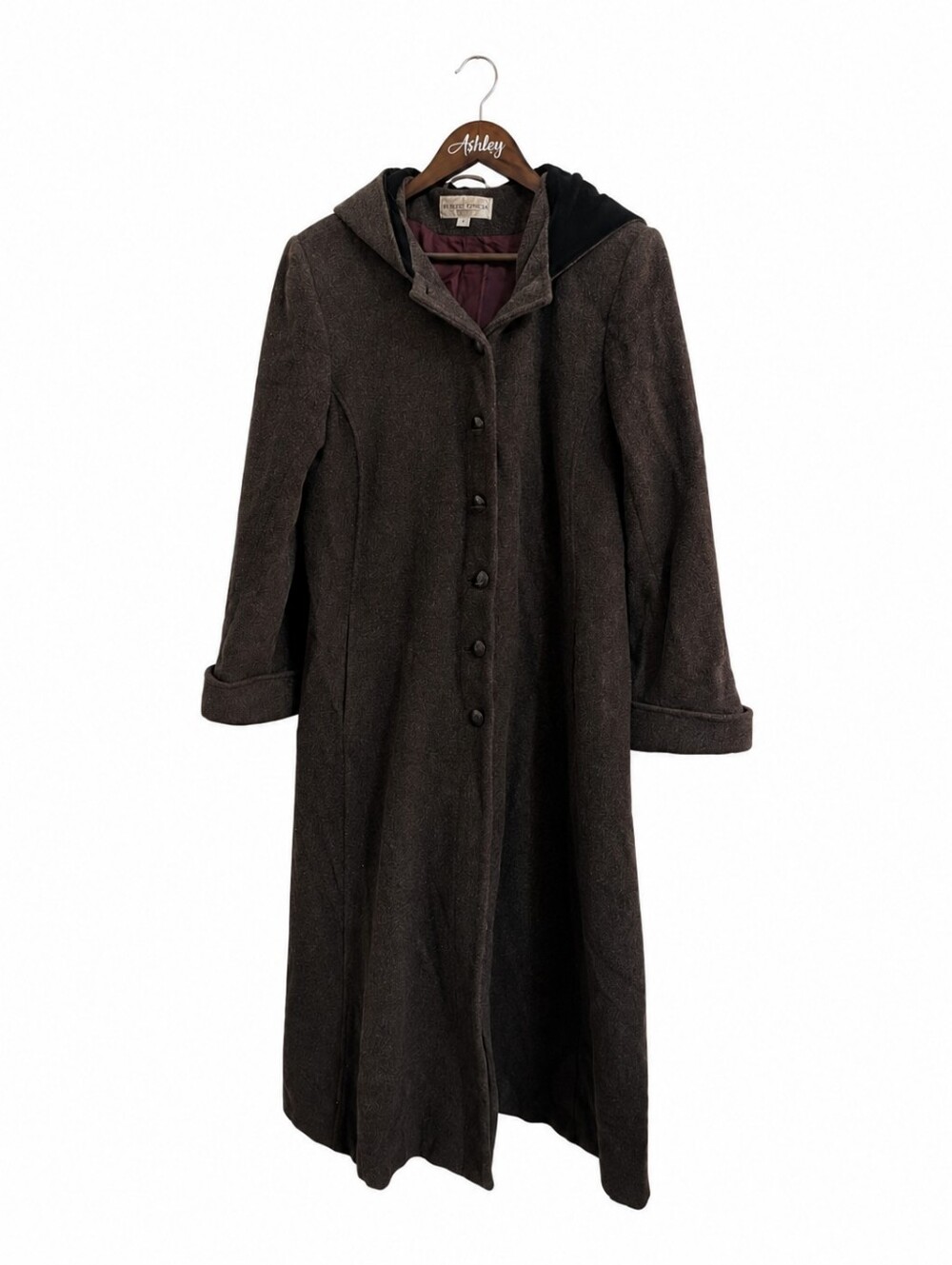 Albert Nipon Dark Brown Long Hooded Wool Trench Coat